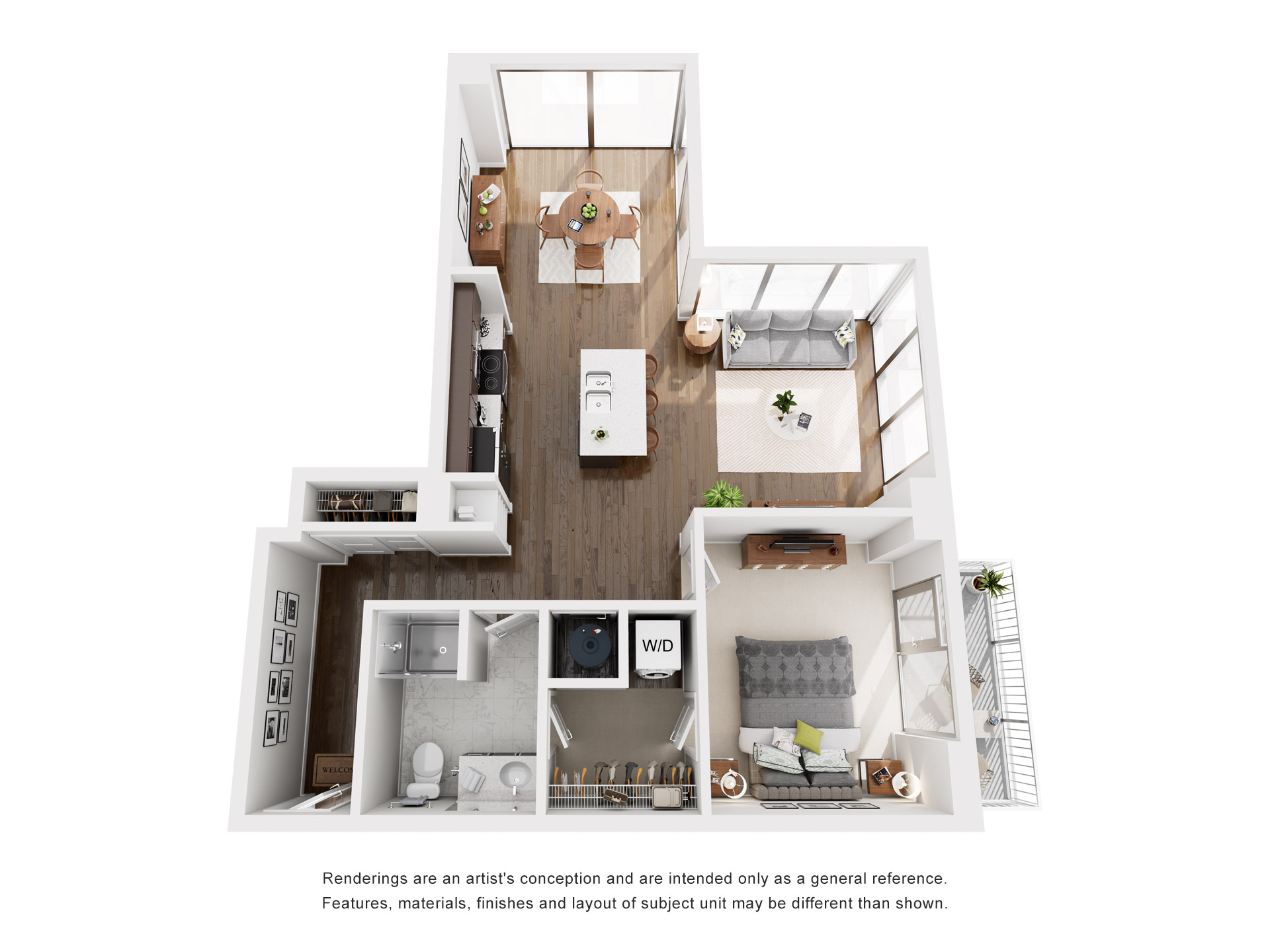 Floor plan for 1 bed, 1 bath, 857 sqft